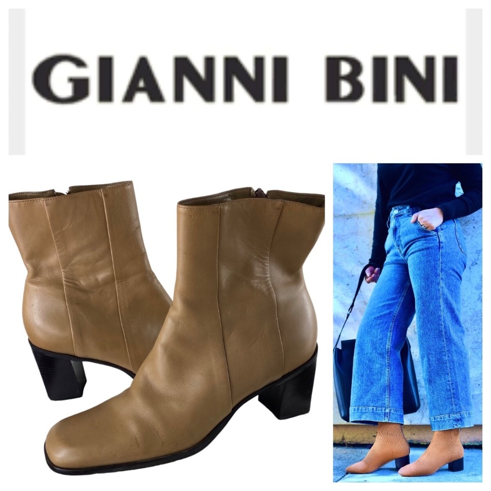 Y2K Ankle Boots Booties GIANNI BiNI Womens 9 Tan Leather Block Heel Square Toe